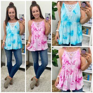 Madison + Mallory Front and Center Tie Dye Lace Peplum Top Size M